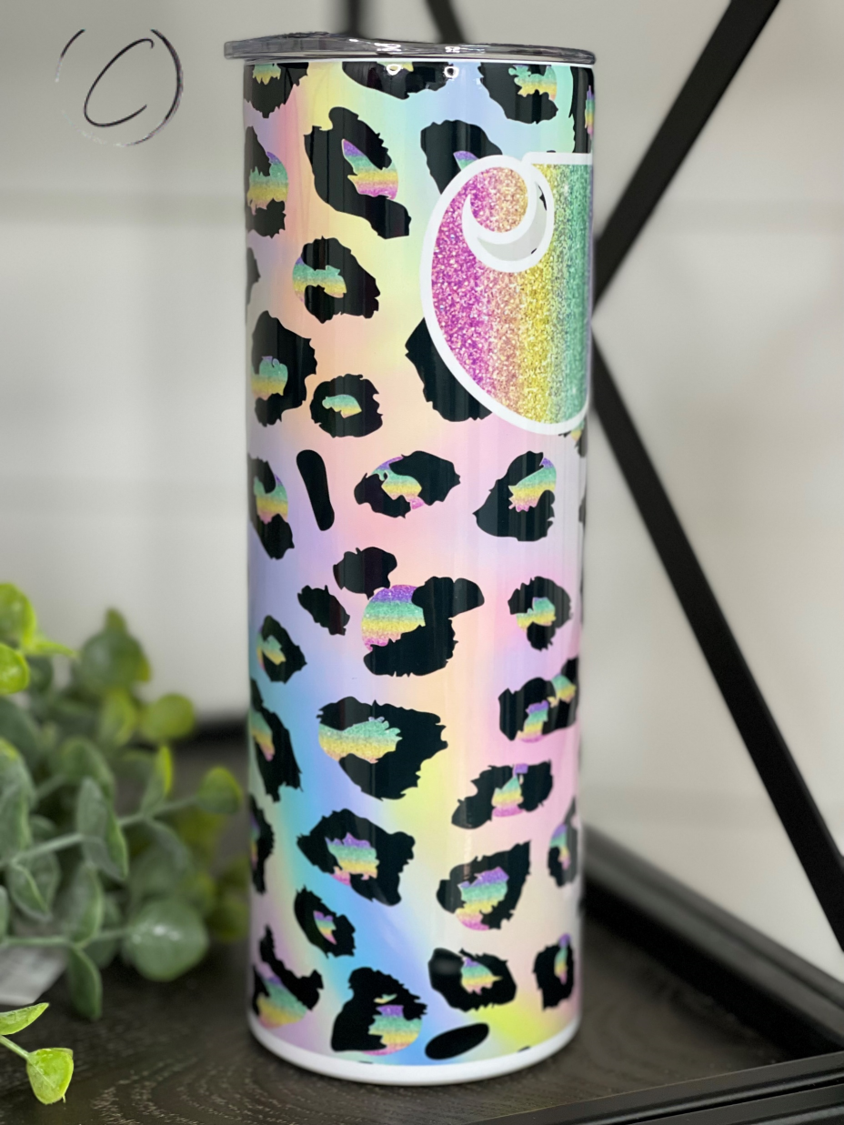 Rainbow Leopard Carhartt 20oz Skinny Tumbler with vibrant design and reusable straw.