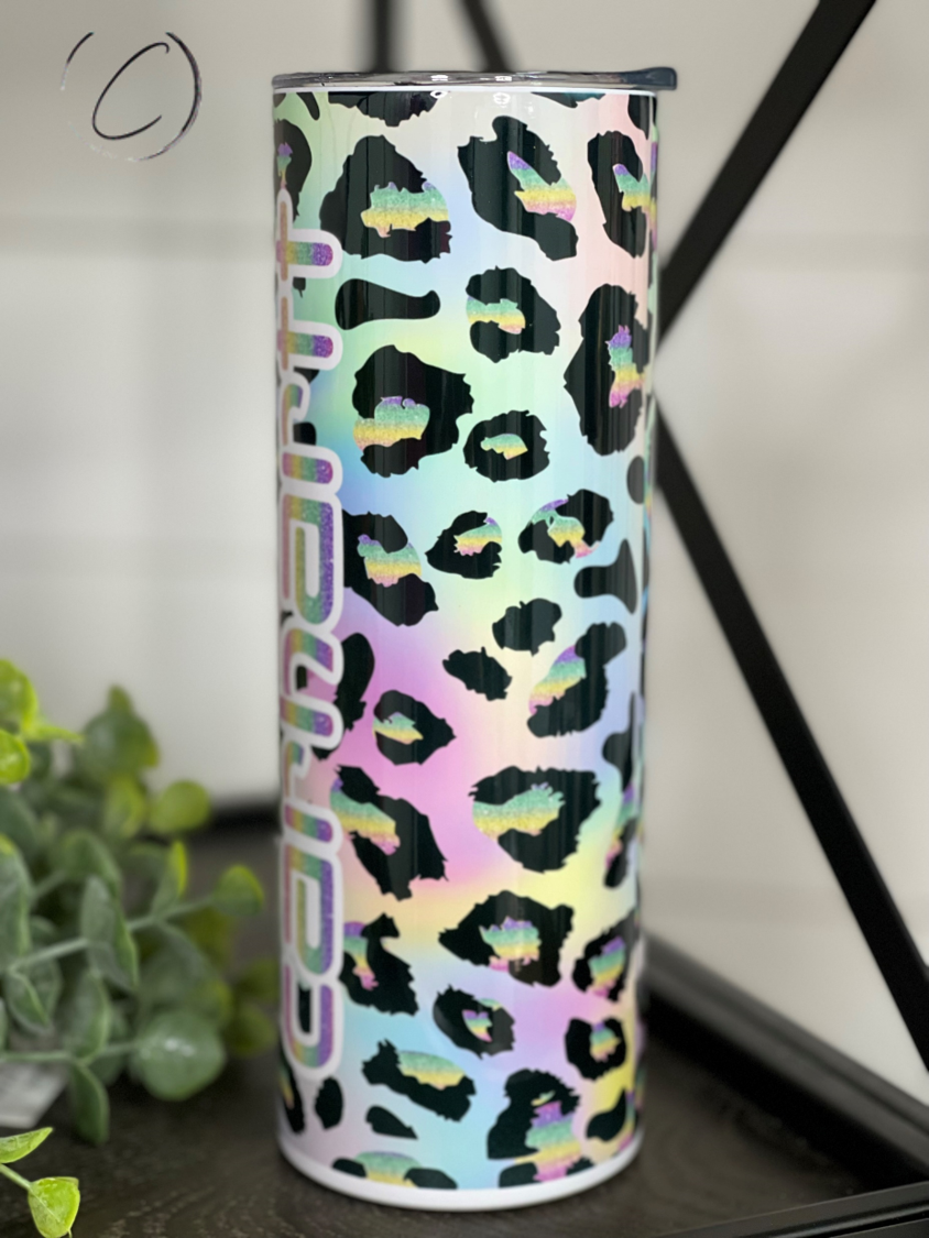 Rainbow Leopard Carhartt 20oz Skinny Tumbler with vibrant design and reusable straw.