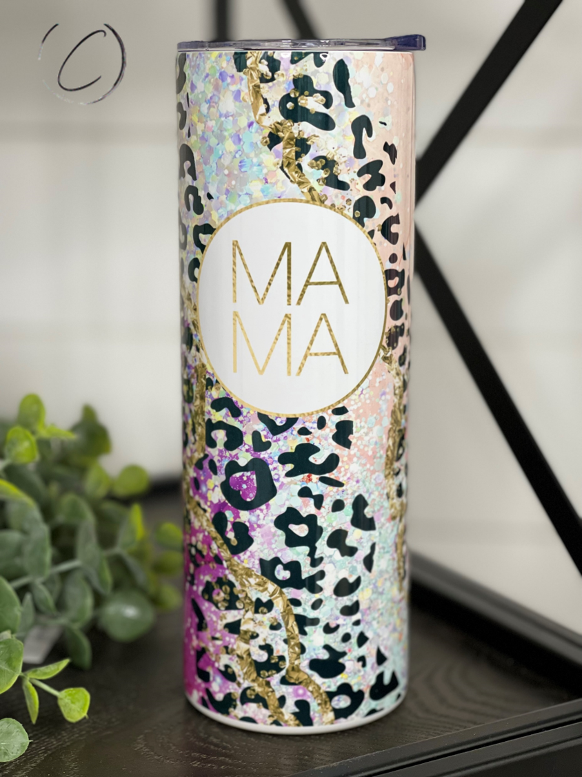 Rainbow Leopard Geode Mama 20oz Skinny Tumbler with vibrant design and reusable straw.