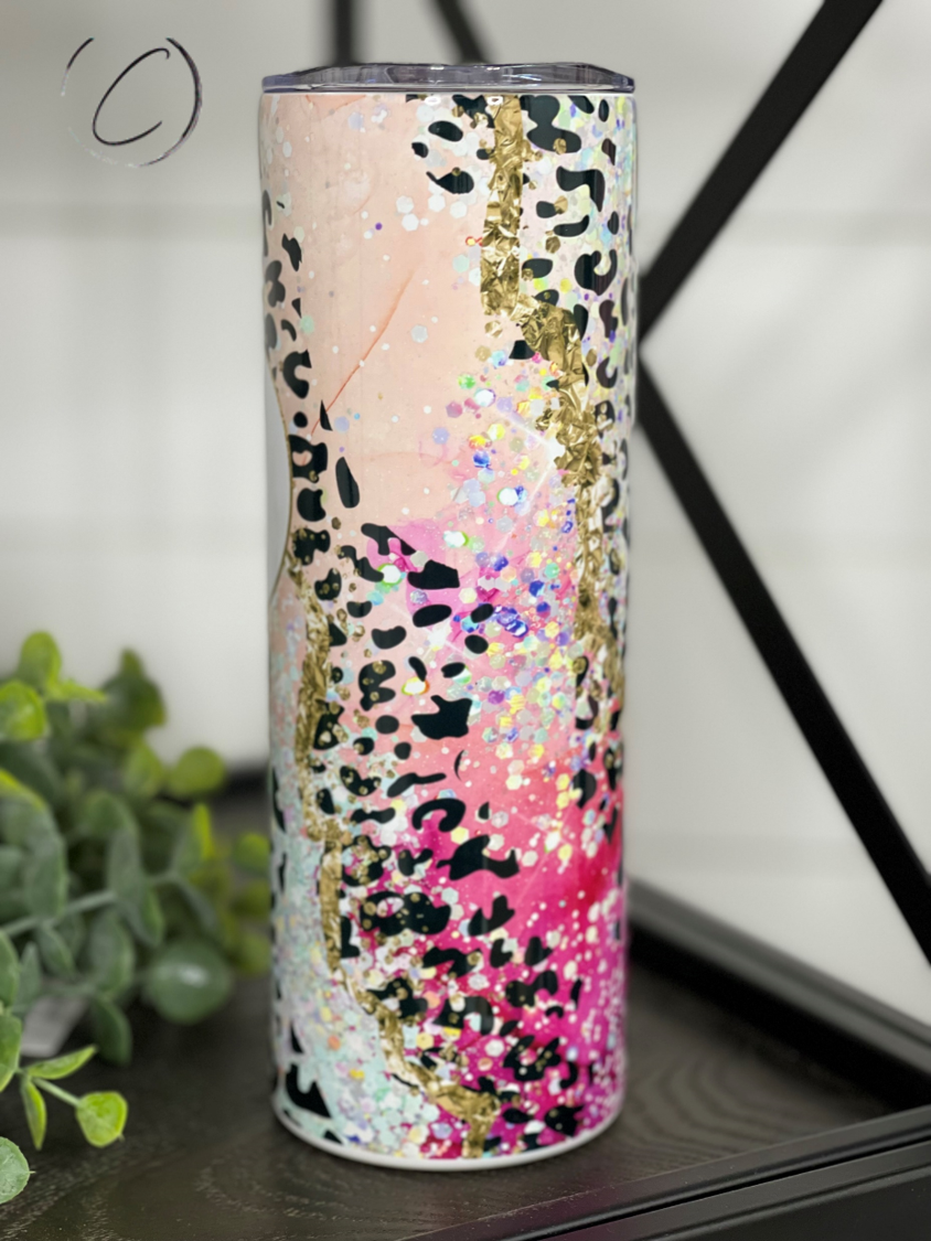 Rainbow Leopard Geode Mama 20oz Skinny Tumbler with vibrant design and reusable straw.