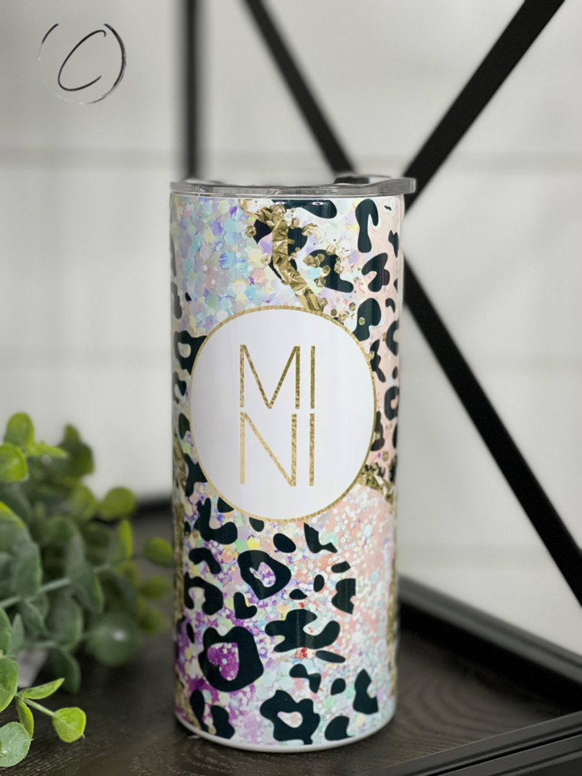Colorful Rainbow Leopard Geode Mini 15oz Kids Skinny Tumbler with straw, featuring a vibrant design.
