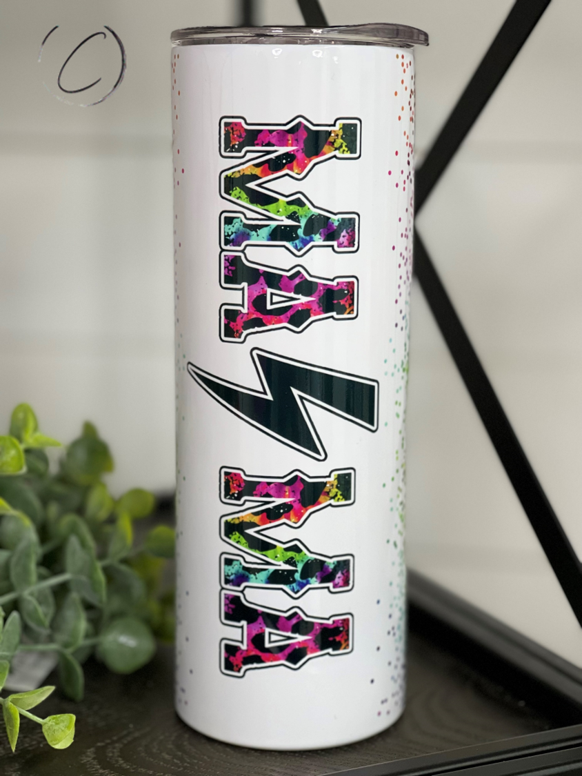 Rainbow Leopard Mama Rocks 20oz Skinny Tumbler with vibrant design and reusable straw.