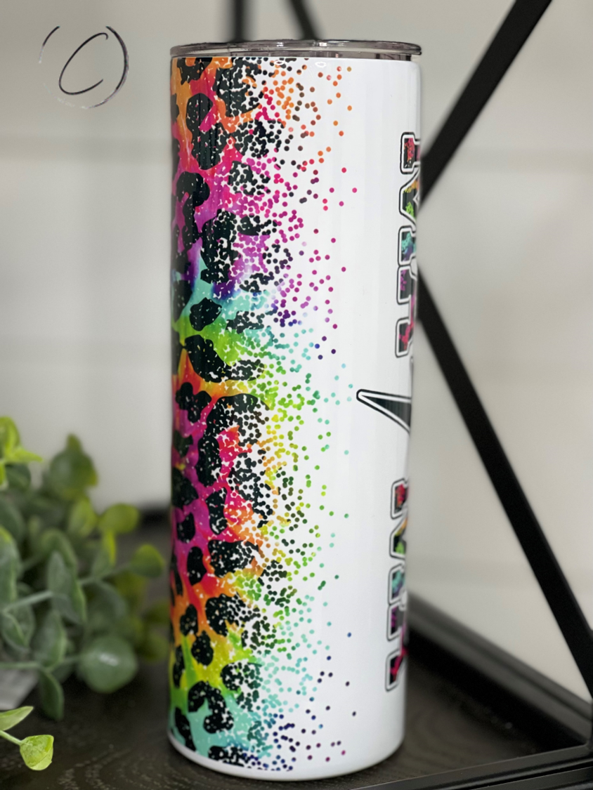 Rainbow Leopard Mama Rocks 20oz Skinny Tumbler with vibrant design and reusable straw.