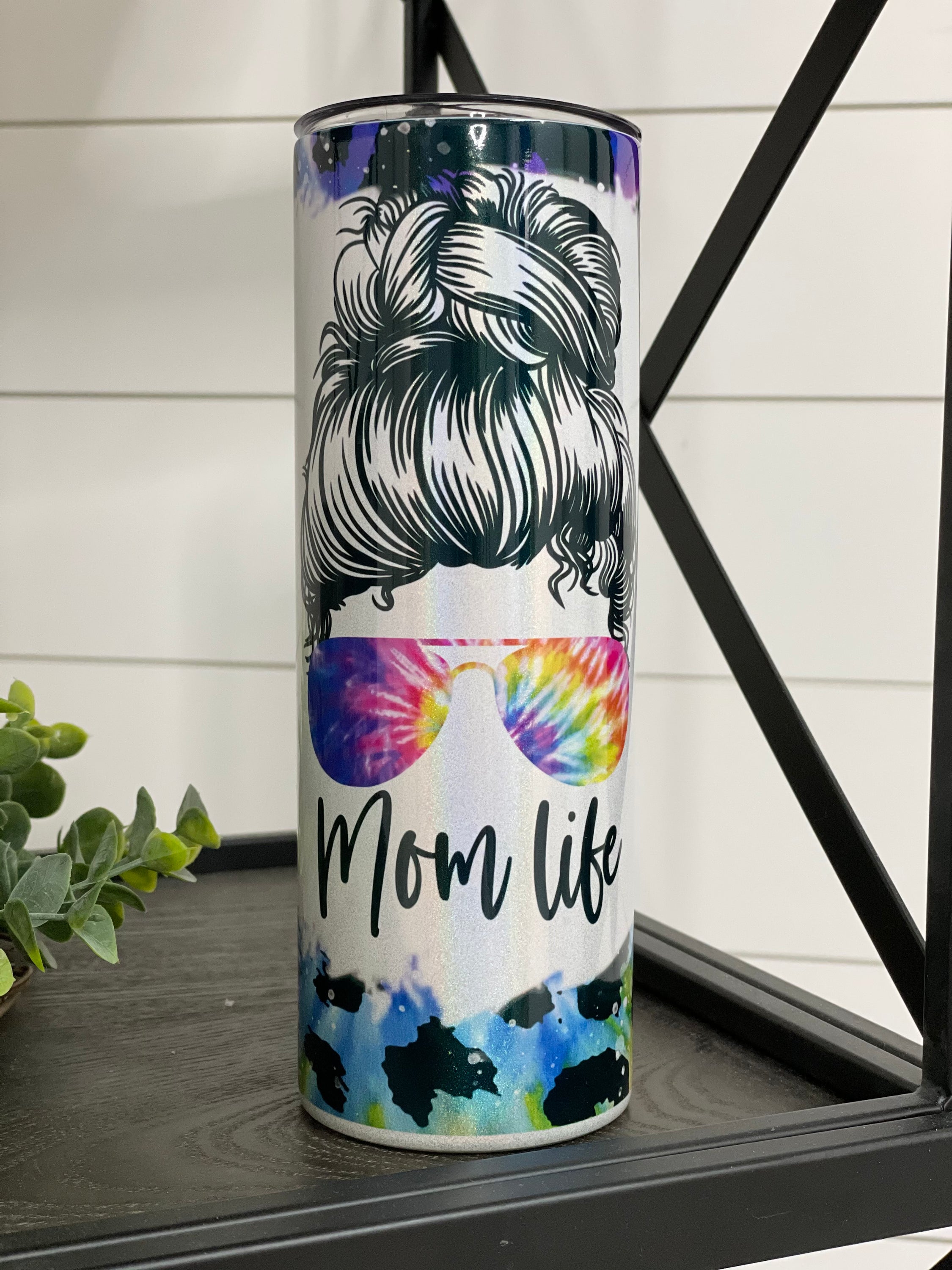 Rainbow Leopard Mom Life 20oz Shimmer Skinny Tumbler with vibrant colors and reusable straw.