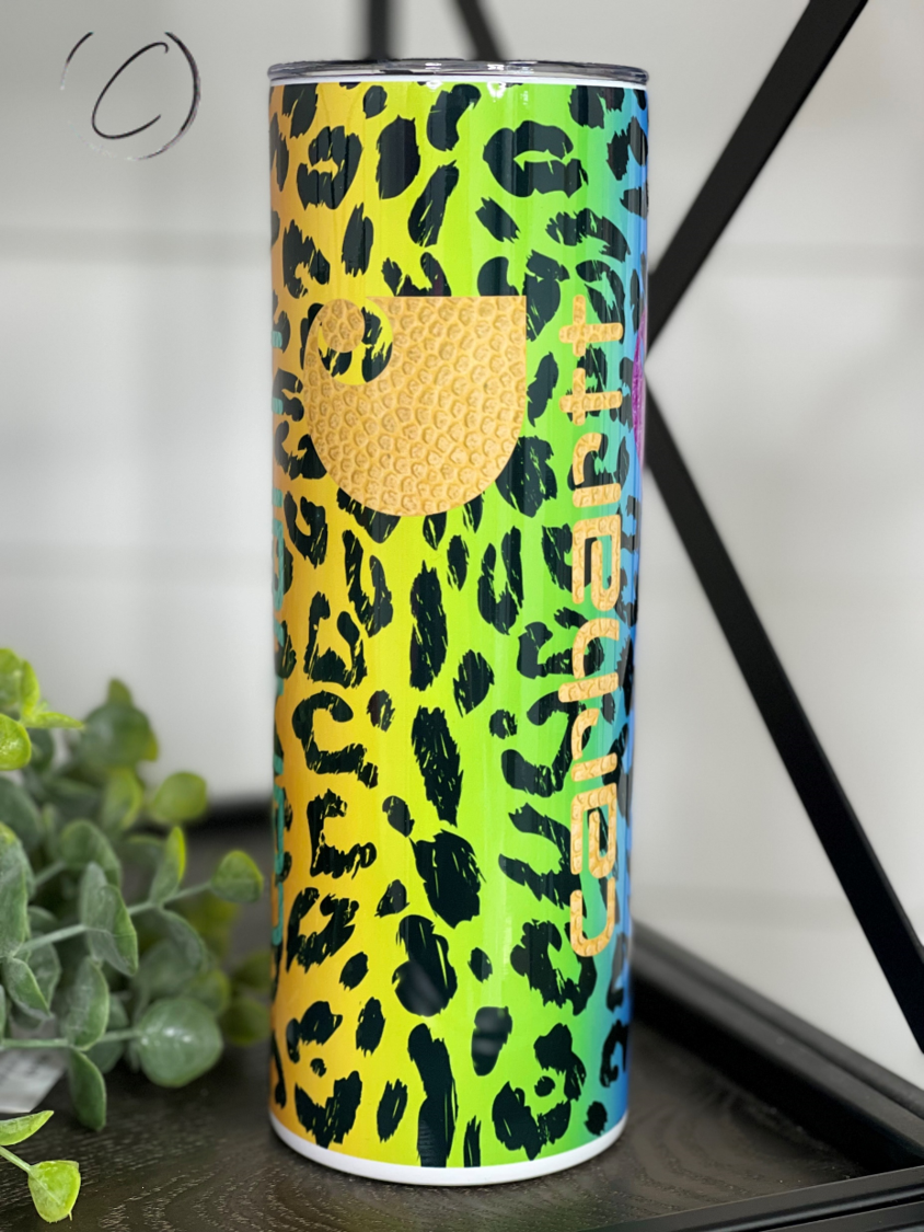 Rainbow Leopard Multicolor Carhartt 20oz Skinny Tumbler with vibrant design and reusable straw.