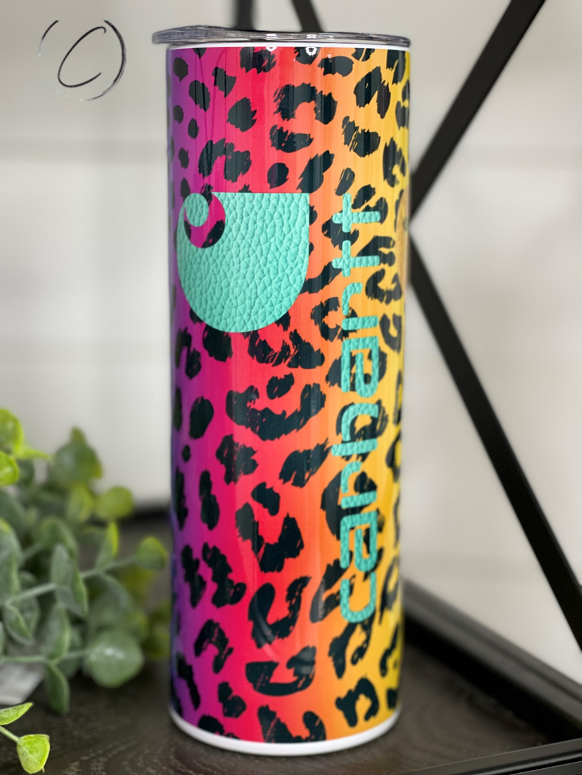 Rainbow Leopard Multicolor Carhartt 20oz Skinny Tumbler with vibrant design and reusable straw.