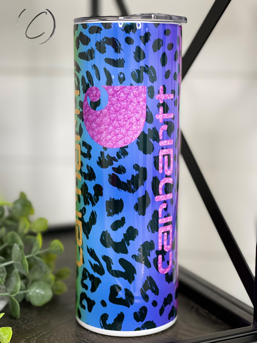 Rainbow Leopard Multicolor Carhartt 20oz Skinny Tumbler with vibrant design and reusable straw.