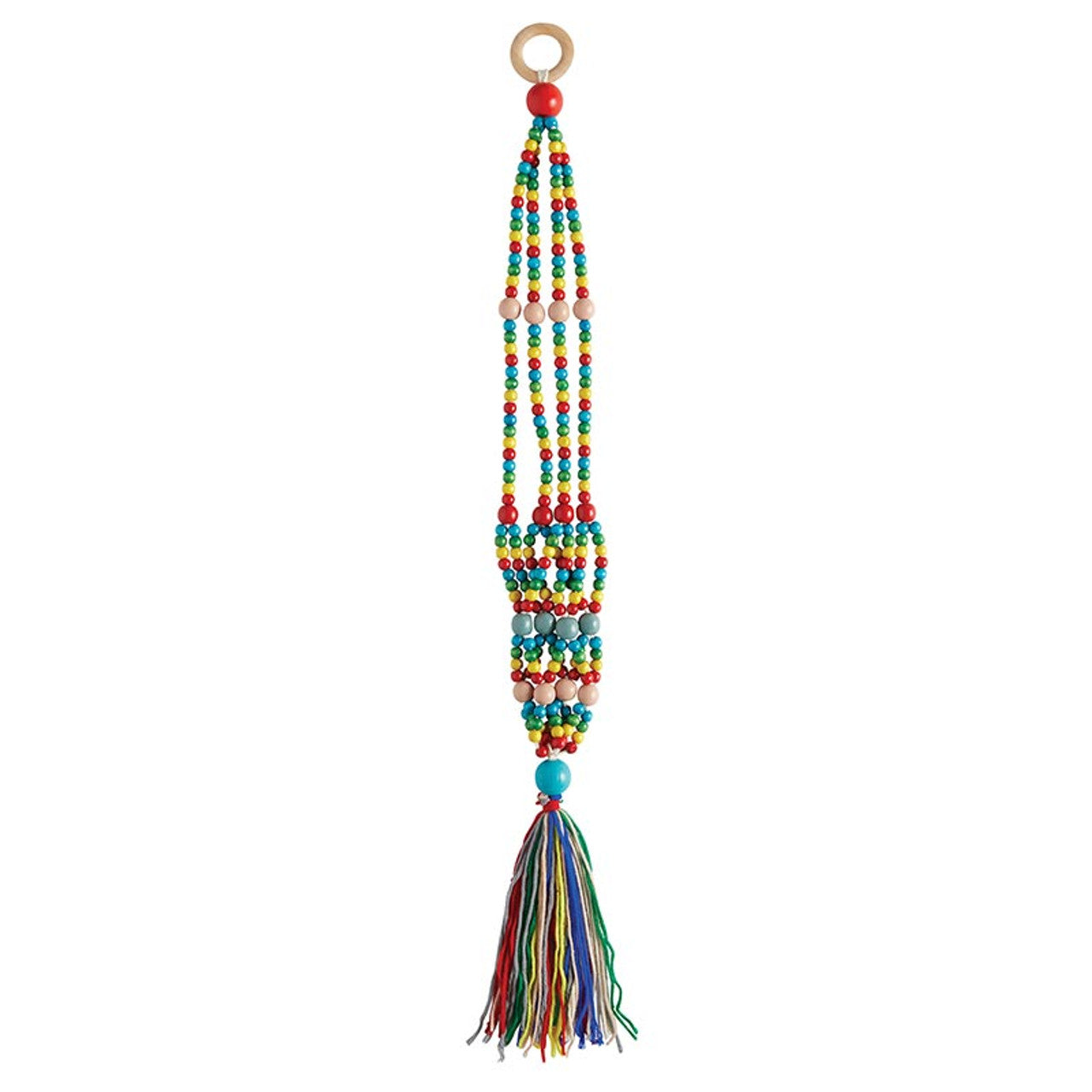 Rainbow Macrame Plant Holder featuring intricate woven design and flowing fringe, perfect for hanging plants.