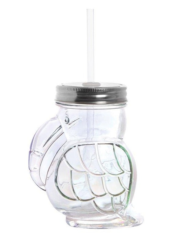Rainbow Toucan Shaped Sipper made of iridescent glass, featuring a colorful toucan design with a lid and straw.