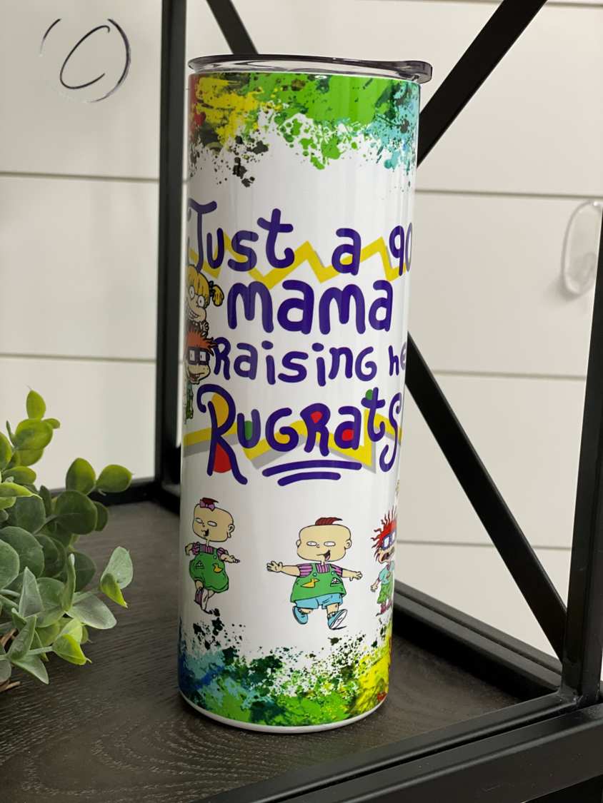 Raising Rugrats 20oz UV Pink Skinny Tumbler with color-changing effect in sunlight, featuring a full wrap design and reusable straw.