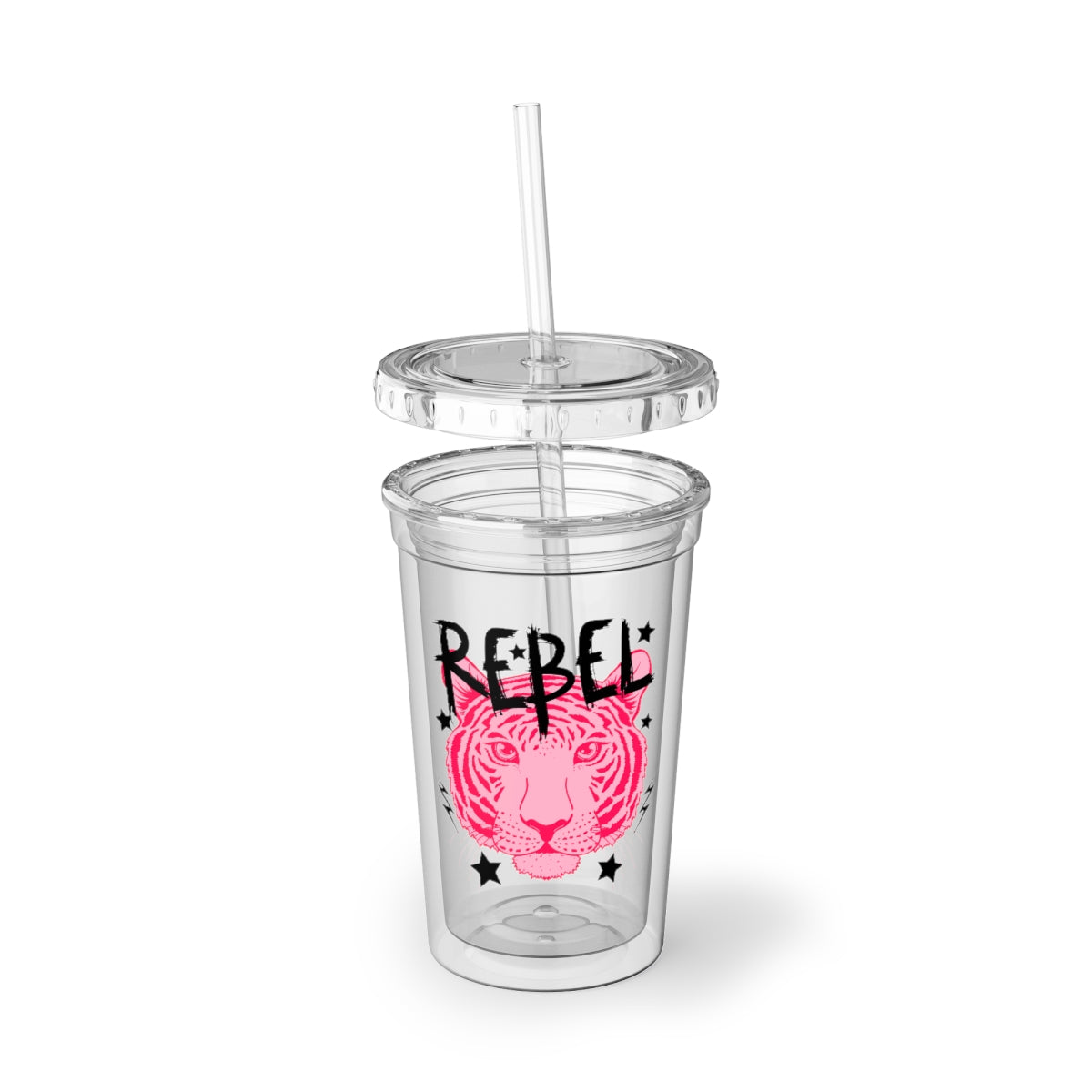 Rebel Acrylic Cup with double-wall insulation, BPA-free lid and straw, perfect for hot and cold beverages.