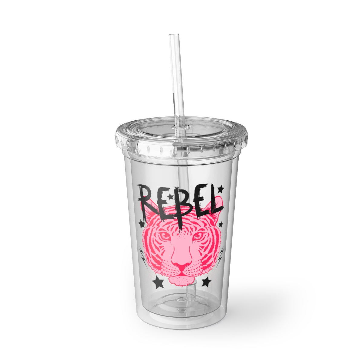 Rebel Acrylic Cup with double-wall insulation, BPA-free lid and straw, perfect for hot and cold beverages.