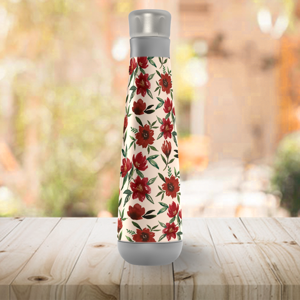 Red Fall Flowers Peristyle Water Bottle with stainless steel design and vibrant floral pattern.