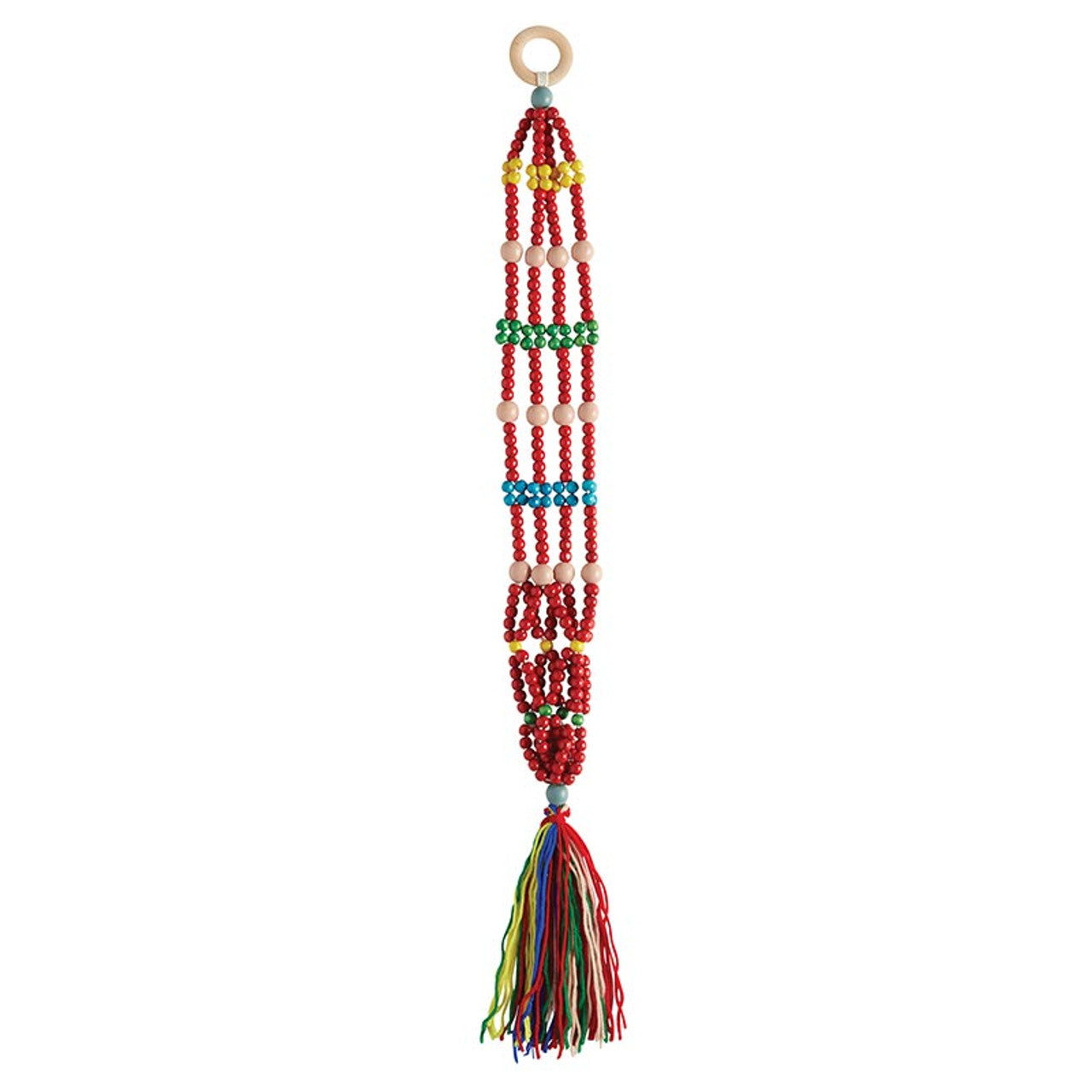 Red macrame plant holder with intricate woven design and colorful wood beads, perfect for hanging small planters.