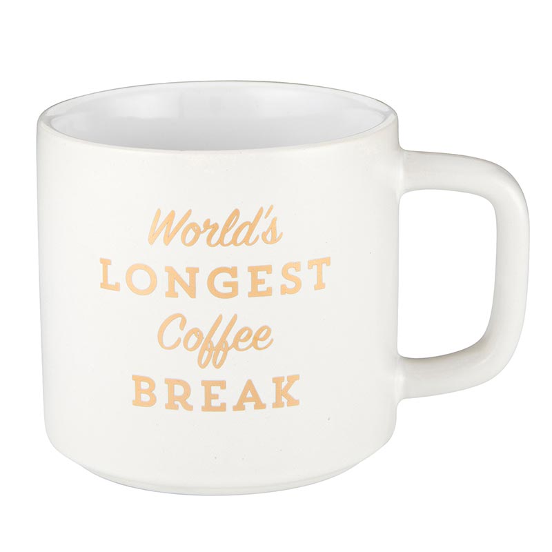 Stackable white mug with metallic gold print reading 'World's Longest Coffee Break', perfect for coffee lovers and retirement gifts.