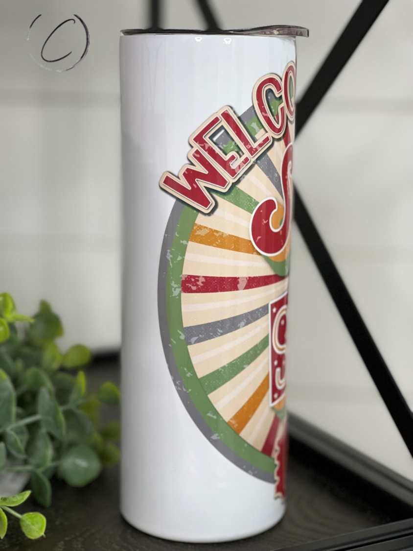 Retro Welcome To The Shitshow 20oz Skinny Tumbler with humorous design and reusable straw.