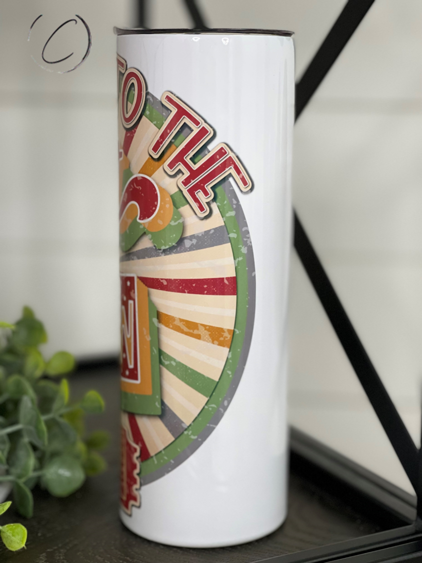 Retro Welcome To The Shitshow 20oz Skinny Tumbler with humorous design and reusable straw.