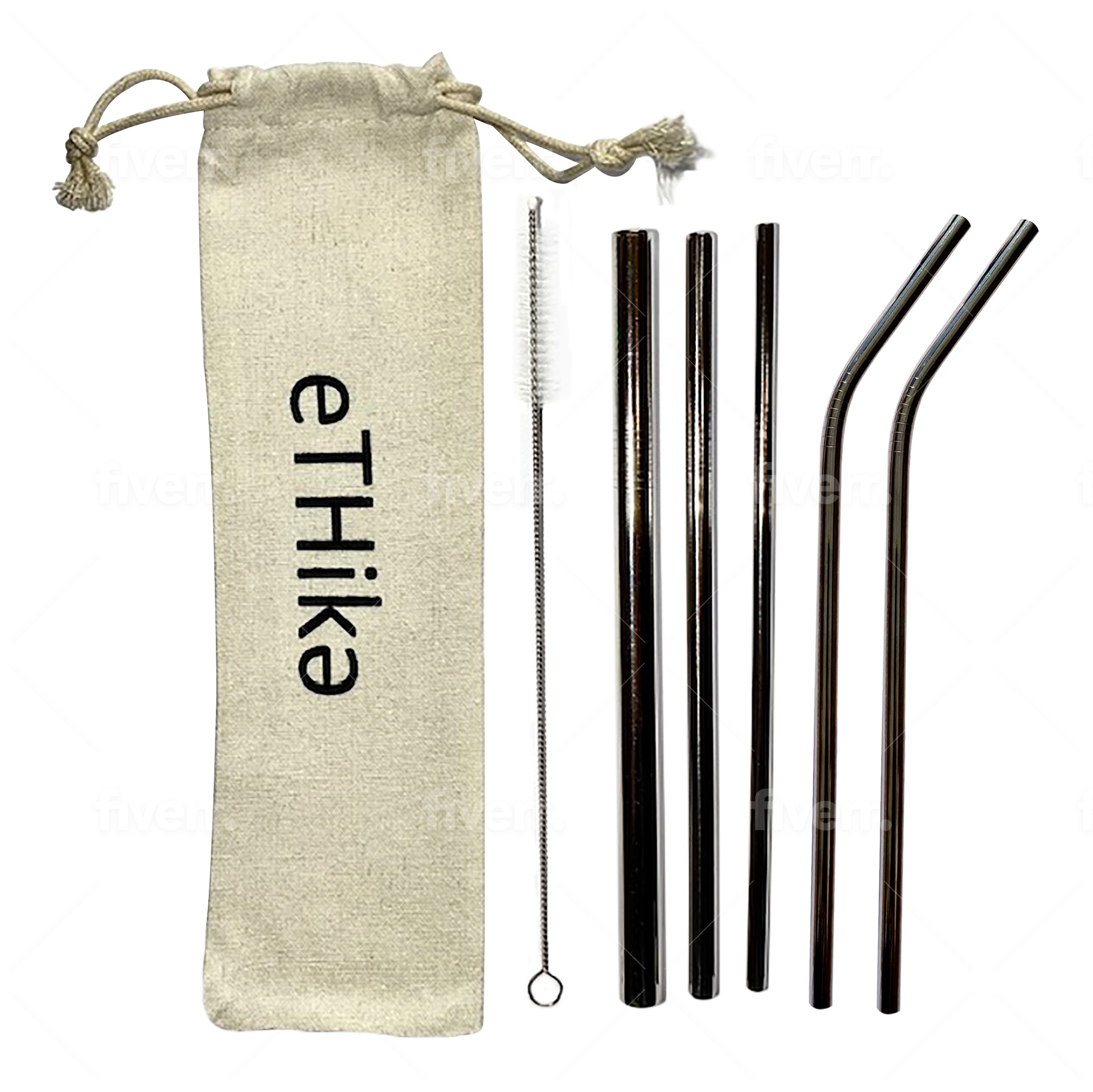 Set of reusable stainless steel straws in a mini cotton pouch with a cleaning brush.