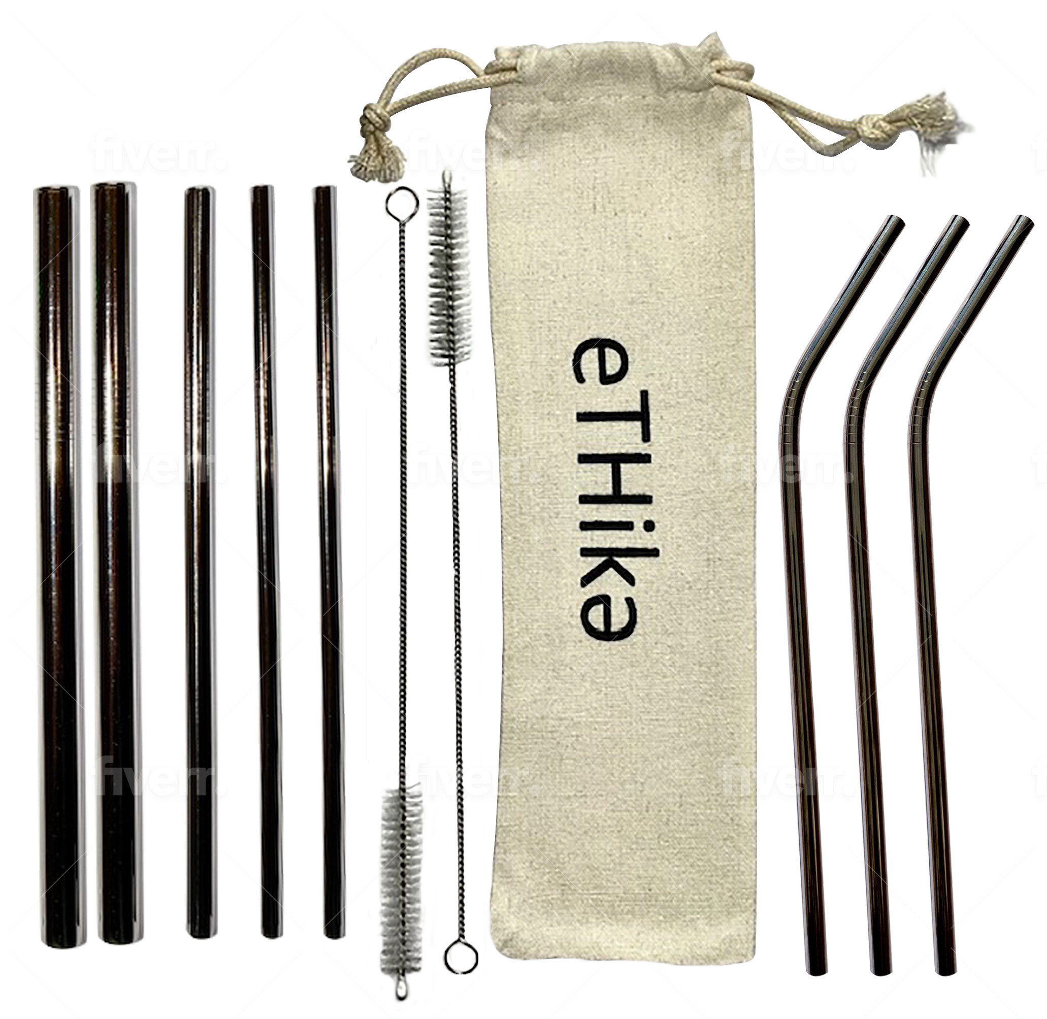 Set of reusable stainless steel straws in a mini cotton pouch with a cleaning brush.