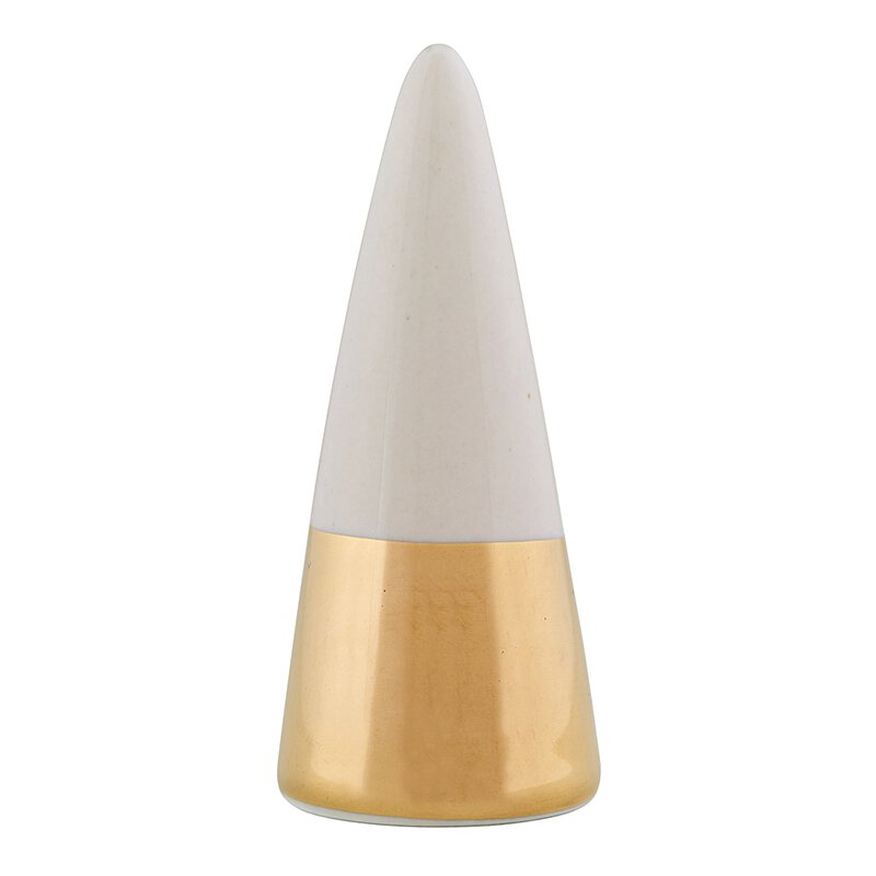 Ceramic ring cone holder in pale grey with a gold metallic bottom, elegantly displaying rings.