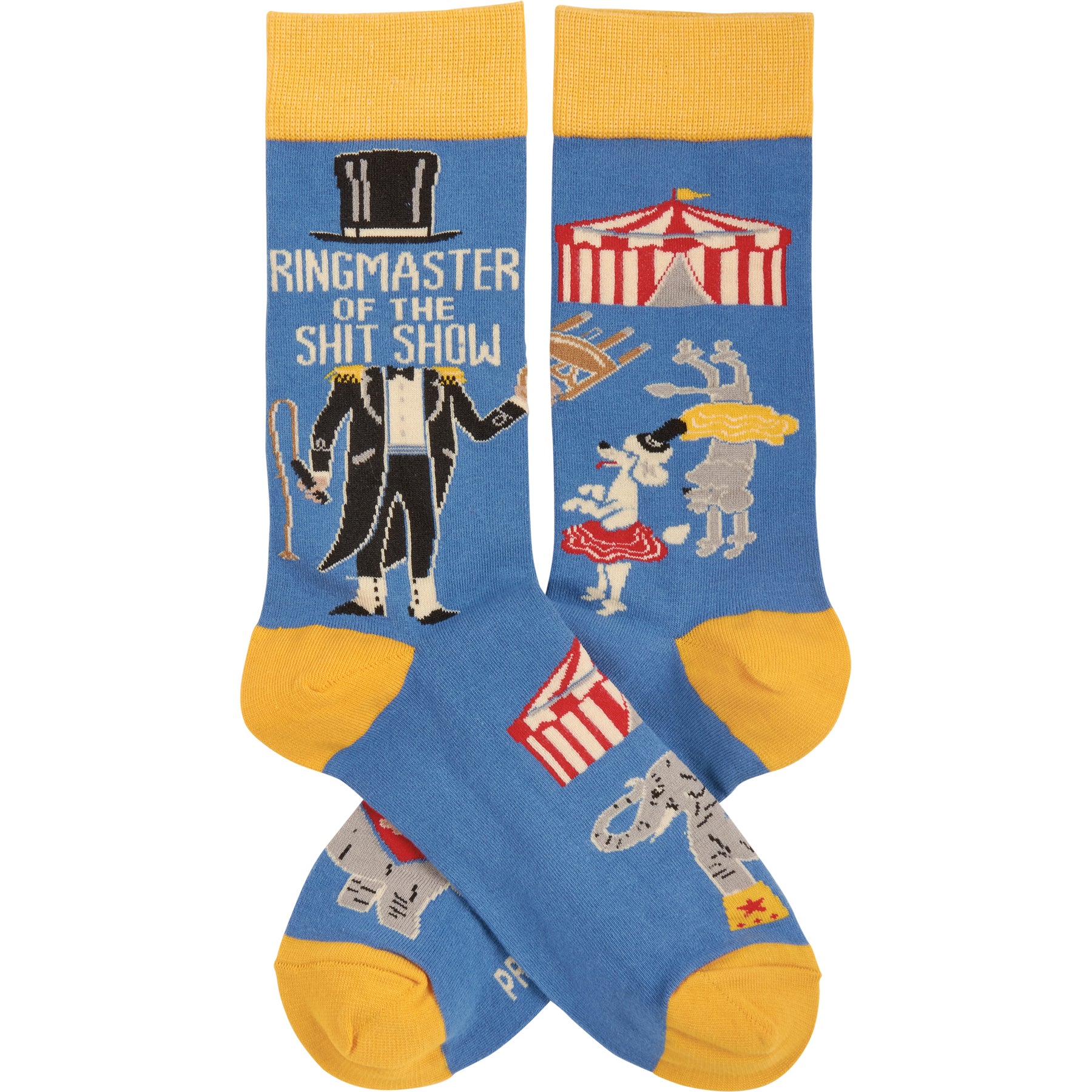 Colorful blue socks featuring a circus scene and the phrase 'Ringmaster Of The Shit Show', perfect for fun gifting.
