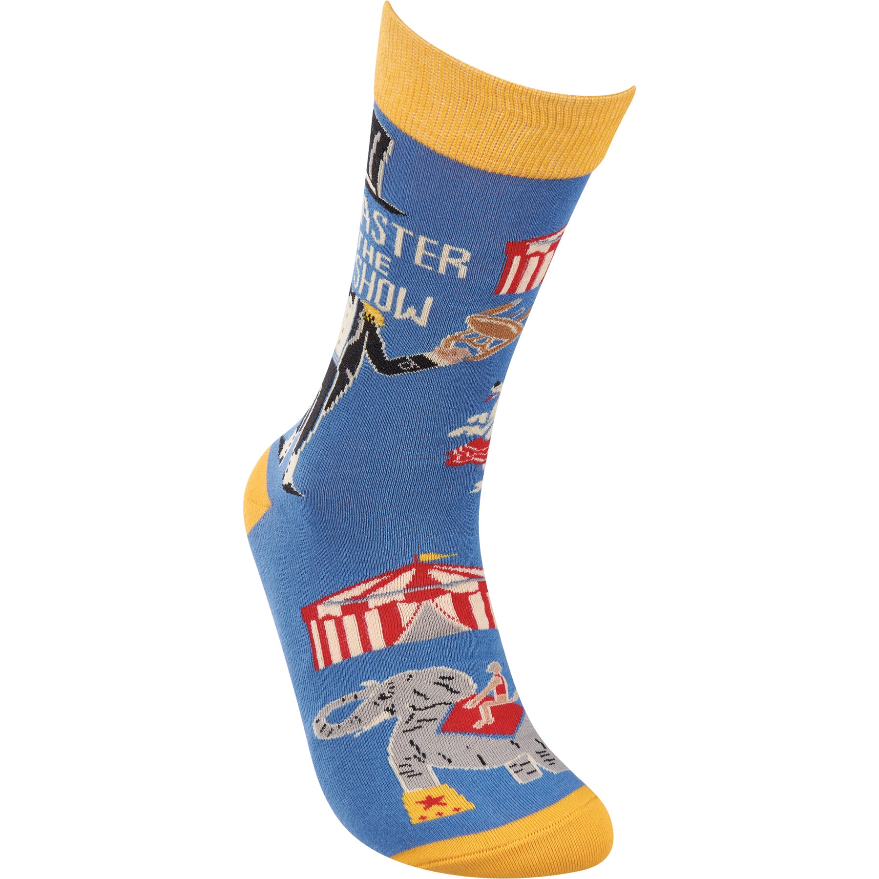 Colorful blue socks featuring a circus scene and the phrase 'Ringmaster Of The Shit Show', perfect for fun gifting.