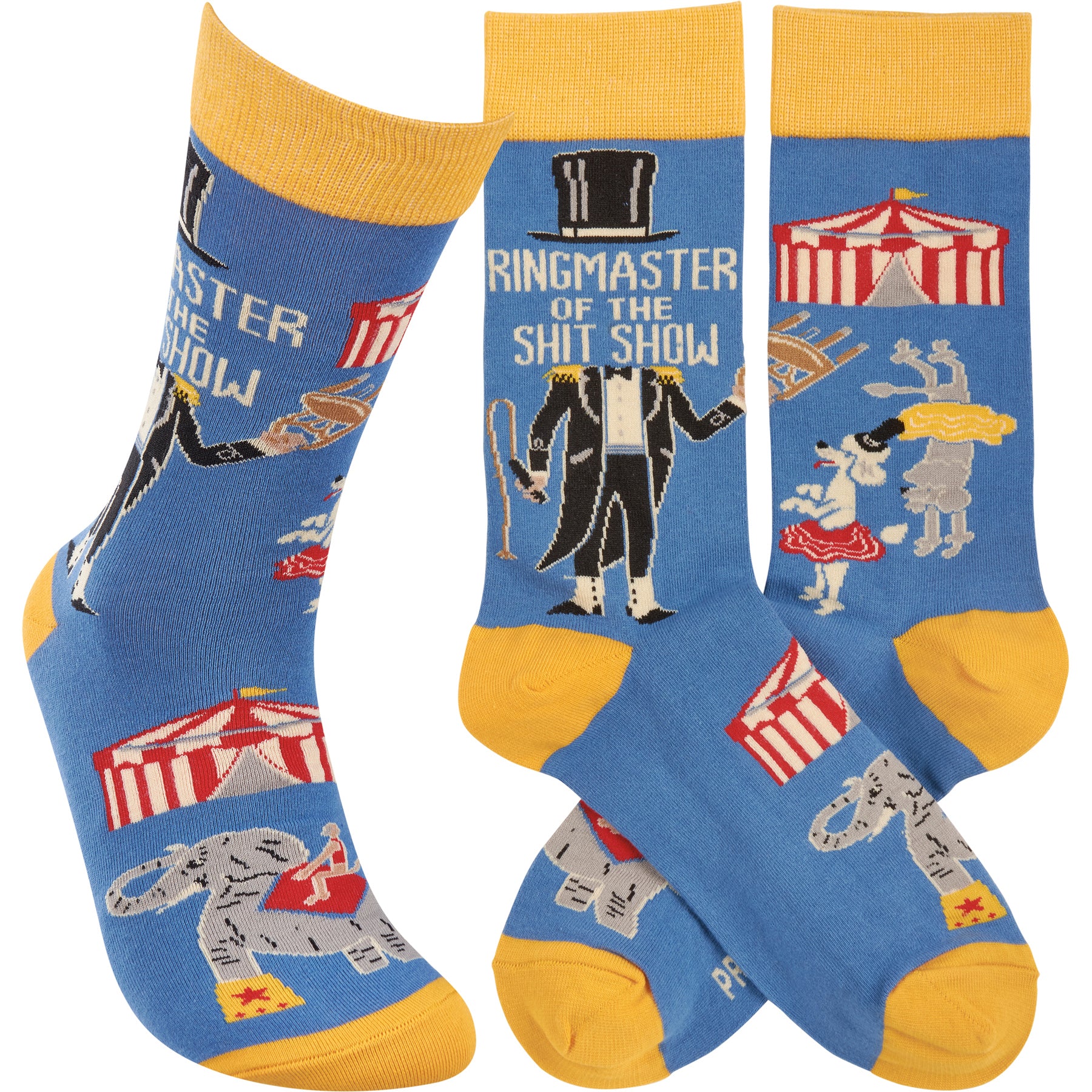 Colorful blue socks featuring a circus scene and the phrase 'Ringmaster Of The Shit Show', perfect for fun gifting.
