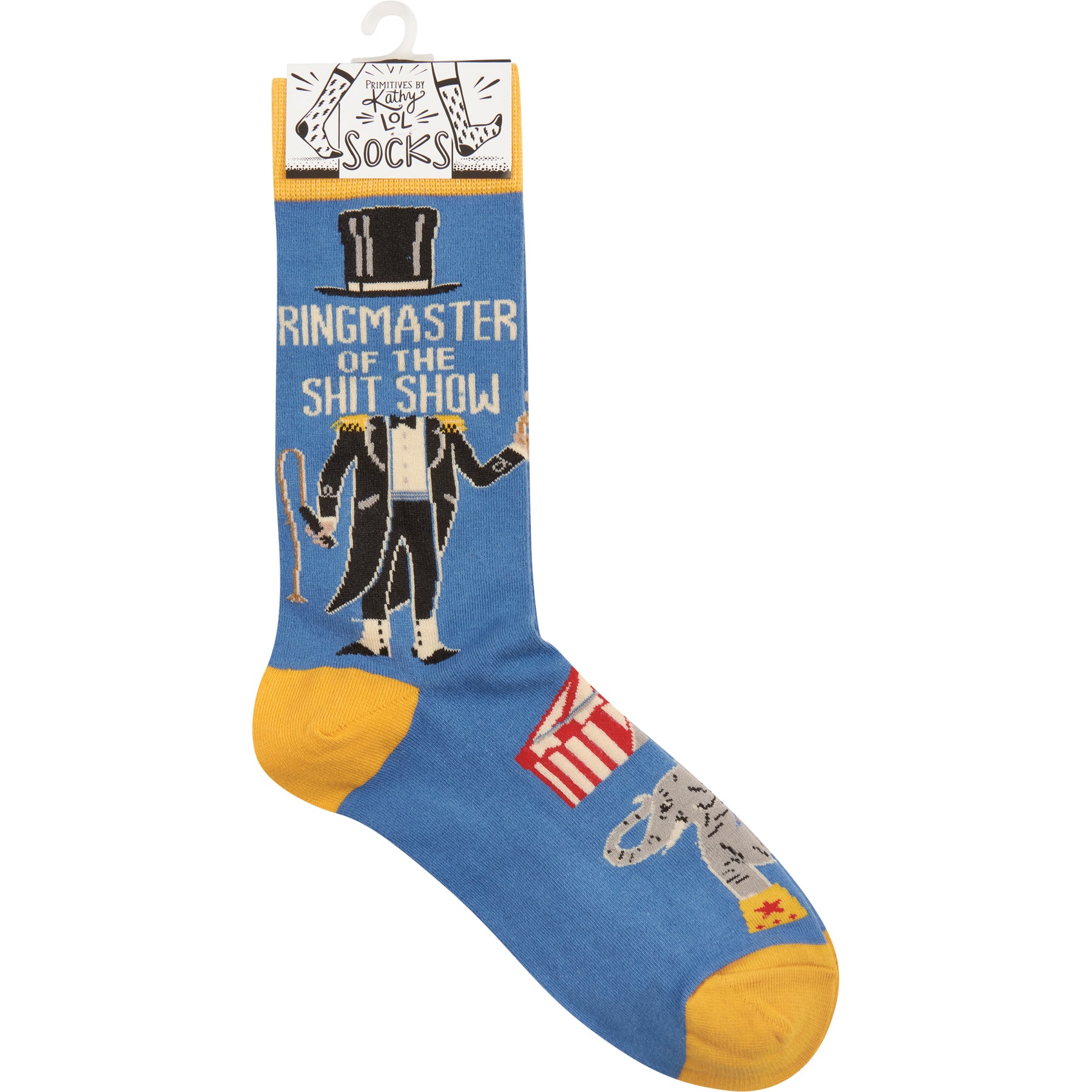 Colorful blue socks featuring a circus scene and the phrase 'Ringmaster Of The Shit Show', perfect for fun gifting.