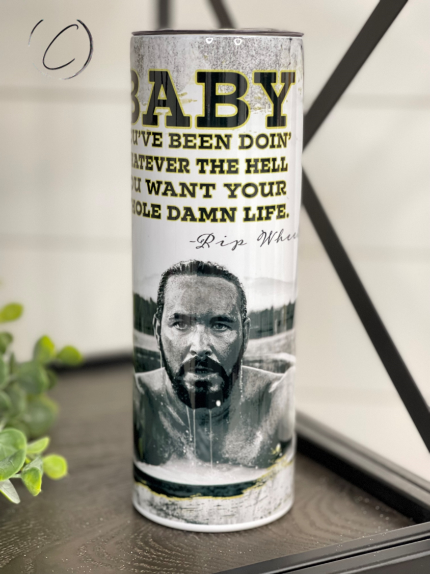 Rip In A Tub 20oz Skinny Tumbler featuring a vibrant full wrap design, reusable straw, and insulated body for hot and cold beverages.