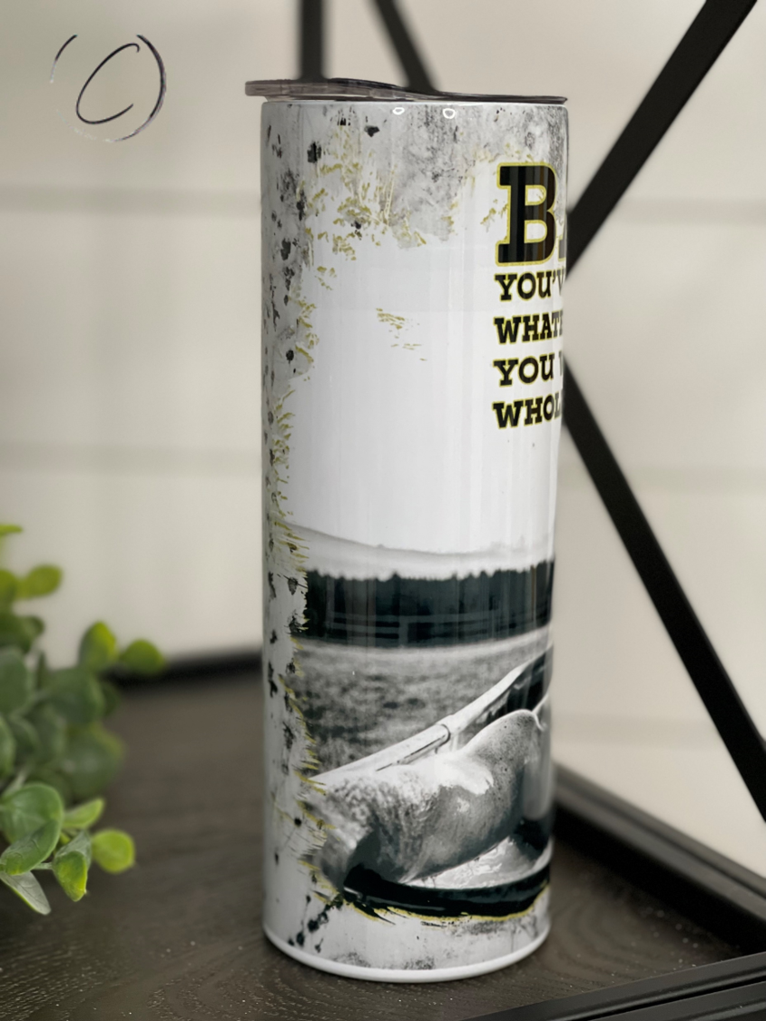 Rip In A Tub 20oz Skinny Tumbler featuring a vibrant full wrap design, reusable straw, and insulated body for hot and cold beverages.