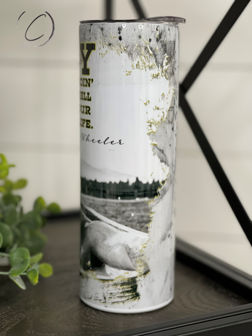 Rip In A Tub 20oz Skinny Tumbler featuring a vibrant full wrap design, reusable straw, and insulated body for hot and cold beverages.