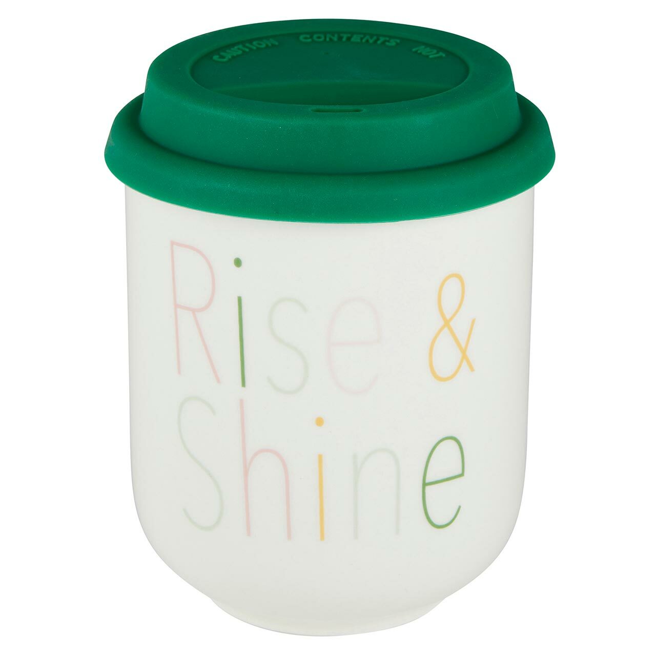 Rise & Shine Ceramic To Go Mug with silicone lid and sleeve, featuring multicolored lettering on a white background.
