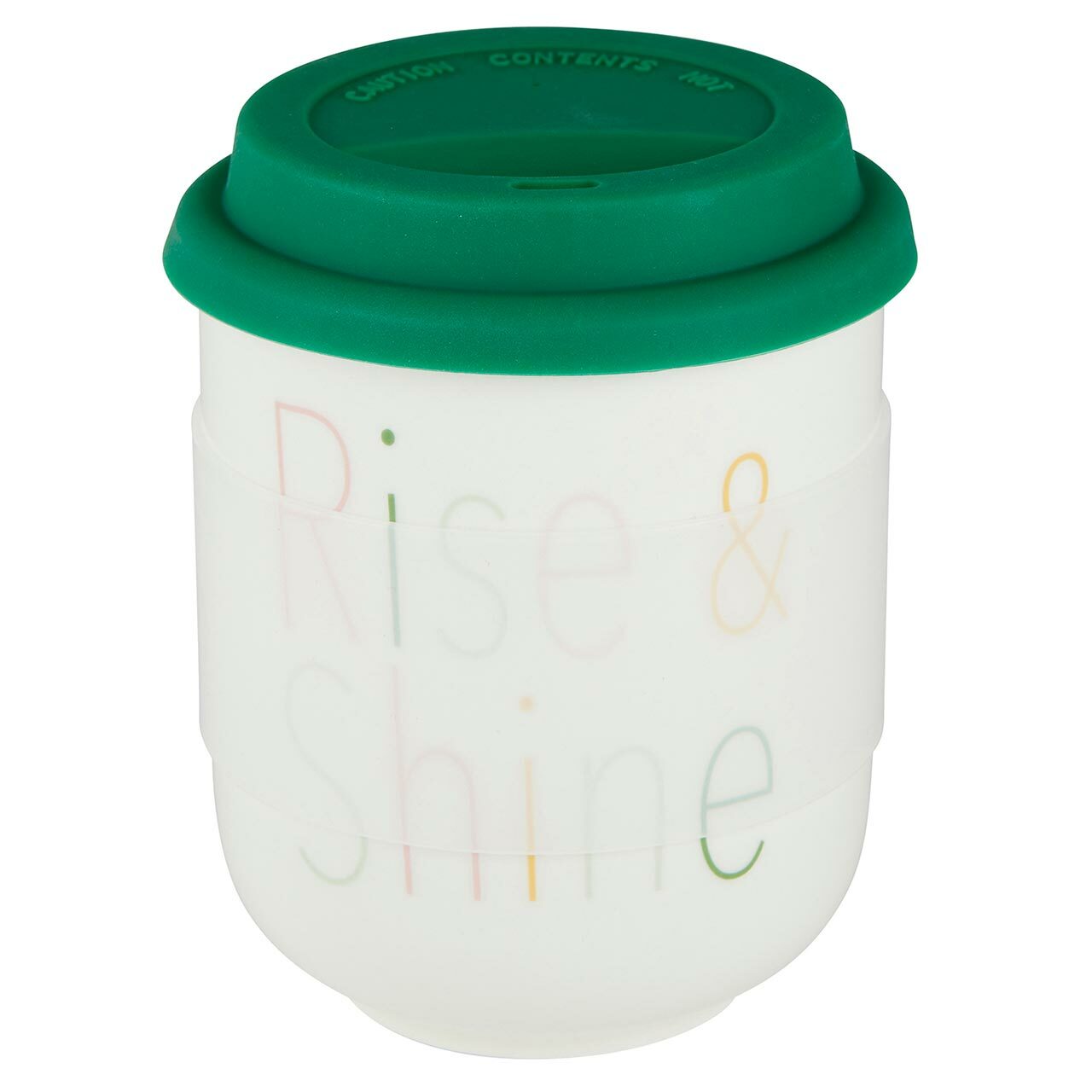 Rise & Shine Ceramic To Go Mug with silicone lid and sleeve, featuring multicolored lettering on a white background.