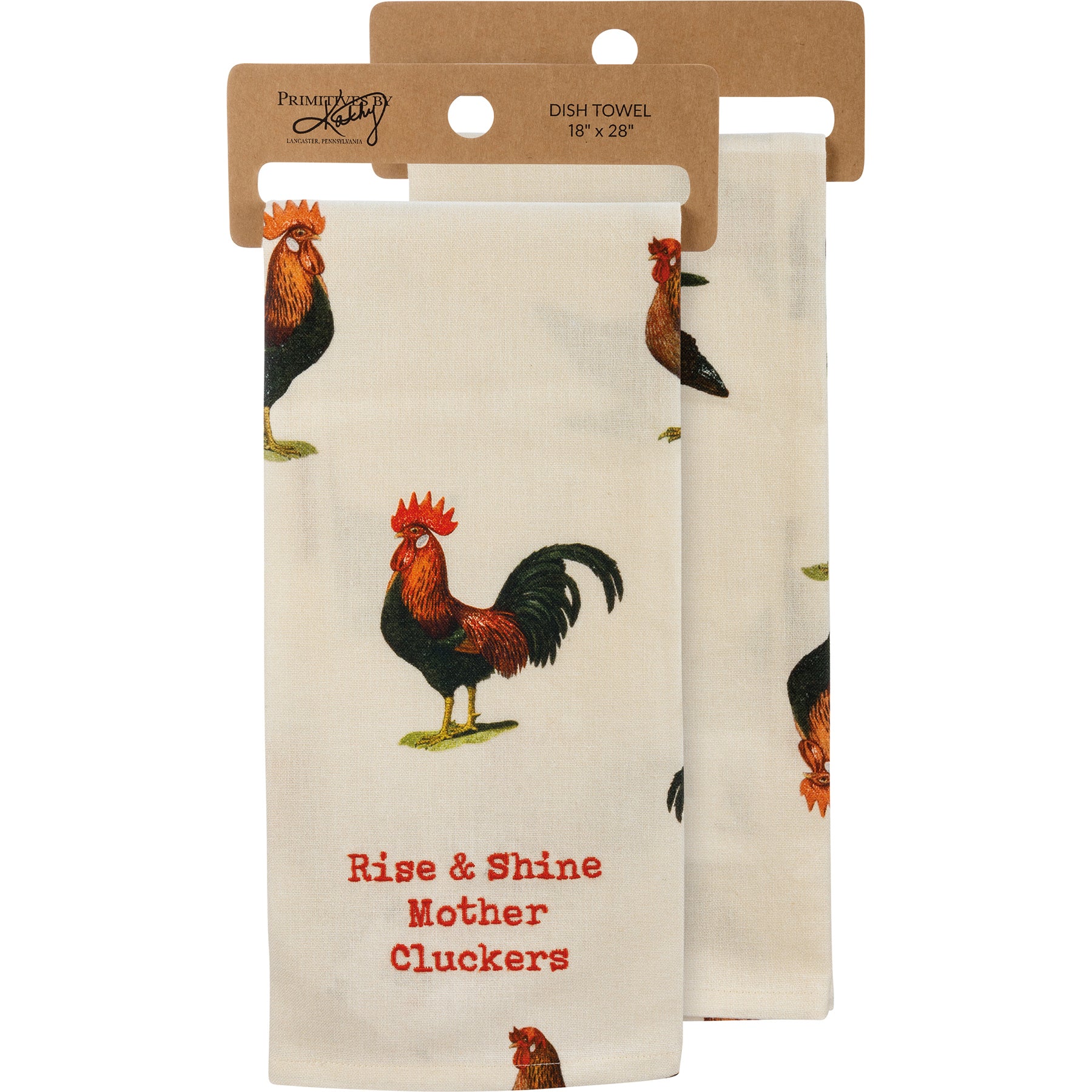 Cotton linen dish cloth towel featuring vintage chicken designs and 'Rise & Shine Mother Cluckers' embroidery, perfect for kitchen use.