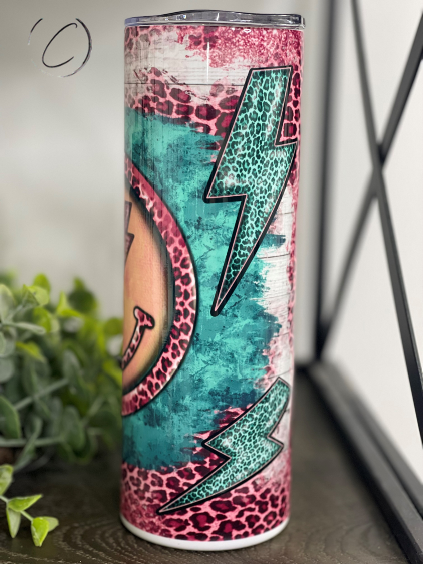Rockin' Leopard Emoji 20oz Skinny Tumbler with vibrant leopard pattern and reusable straw.