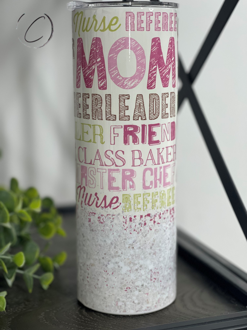 Roles Of Mom 20oz Skinny Tumbler with a stylish design, reusable straw, and high-quality finish, perfect for busy moms.