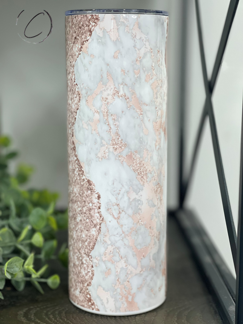 Rose Gold Leopard Geode 20oz Skinny Tumbler with reusable straw and unique design.