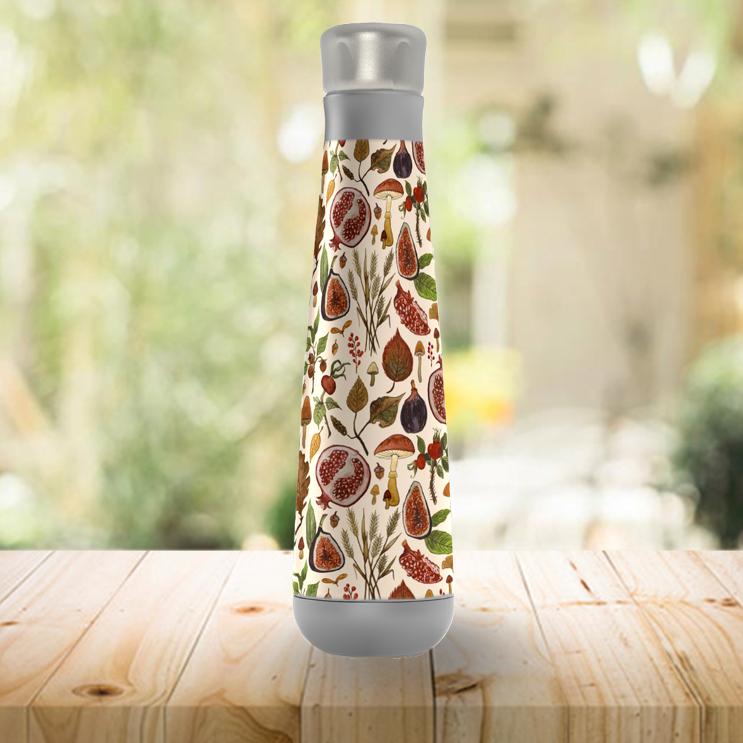 Rose Hips Peristyle Water Bottle in stainless steel, showcasing its sleek design and vacuum insulation features.
