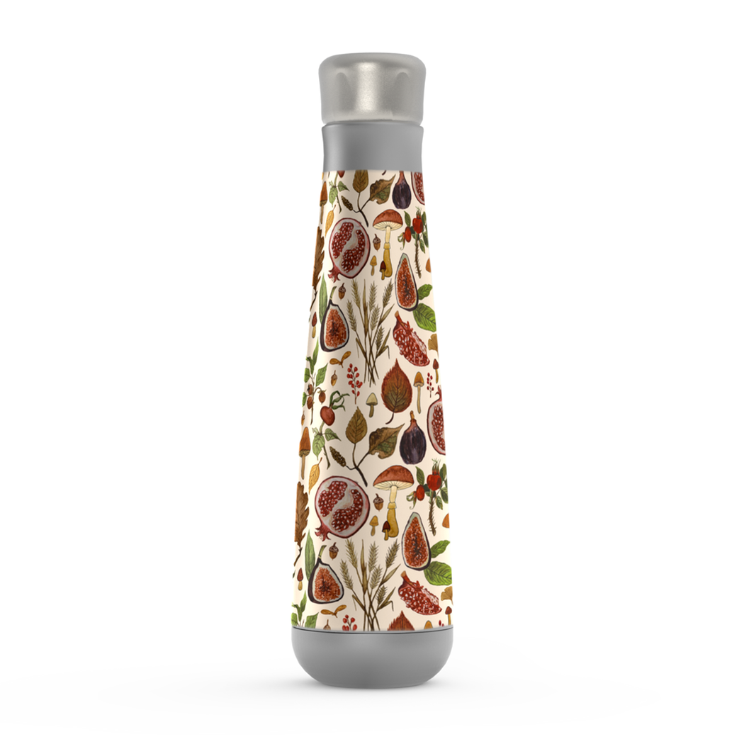 Rose Hips Peristyle Water Bottle in stainless steel, showcasing its sleek design and vacuum insulation features.