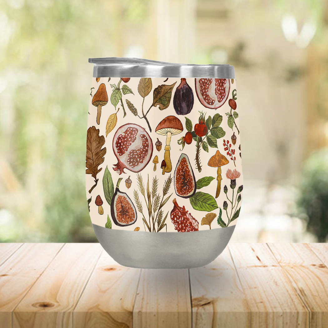 Rose Hips Wine Tumbler made of stainless steel with a double-wall vacuum insulation, featuring a secure plastic lid and a stylish design.