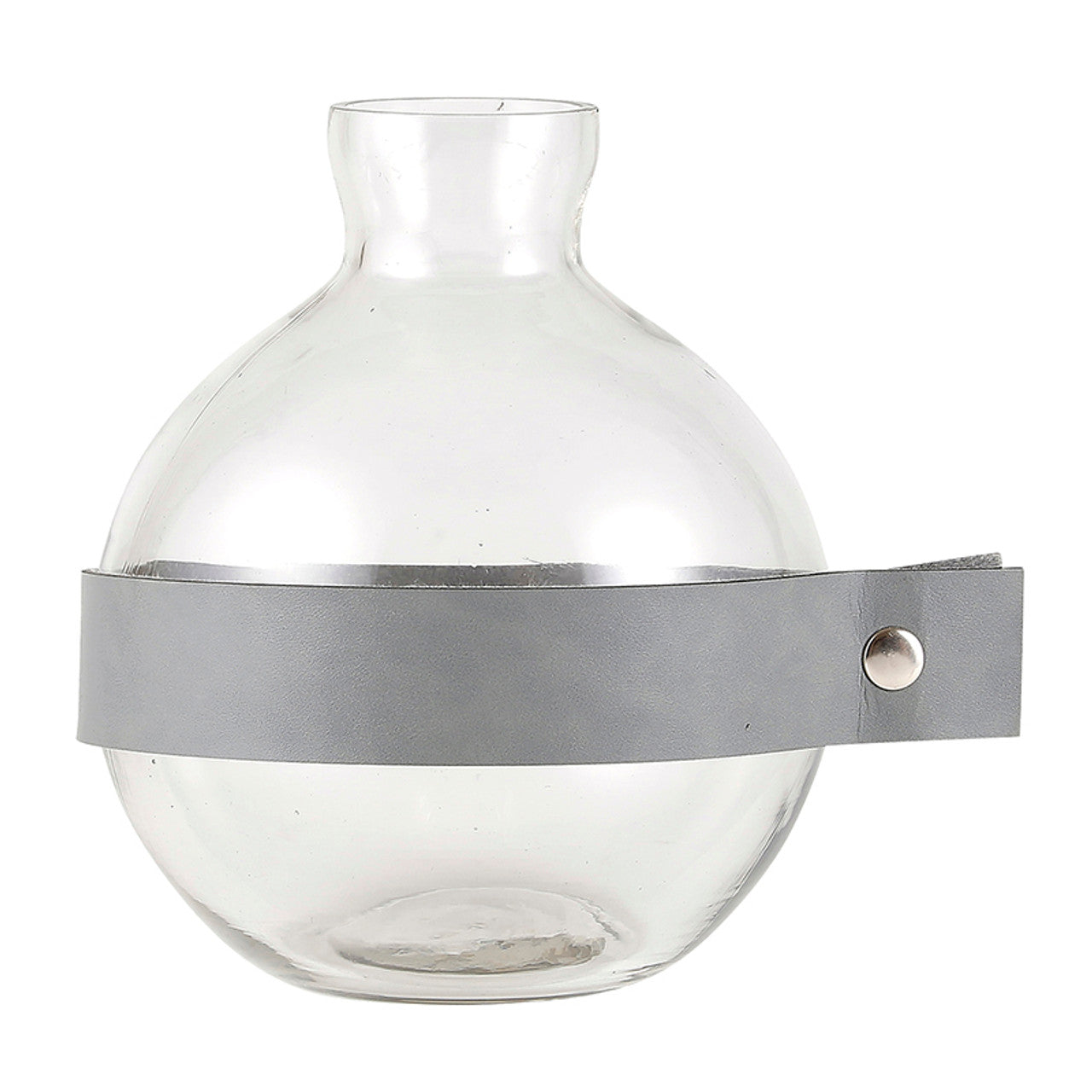 A 9-inch tall round glass vase with a grey leather cuff and brass fastener, elegantly showcasing flowers.