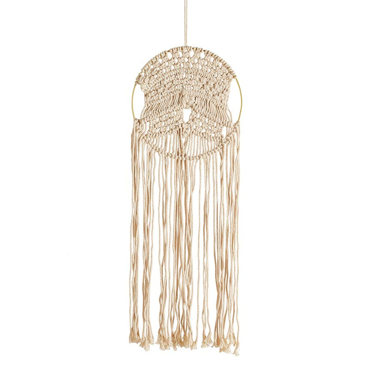 Round Hoop Macrame Bohemian Decor featuring intricate woven design and flowing fringe, perfect for wall hanging.