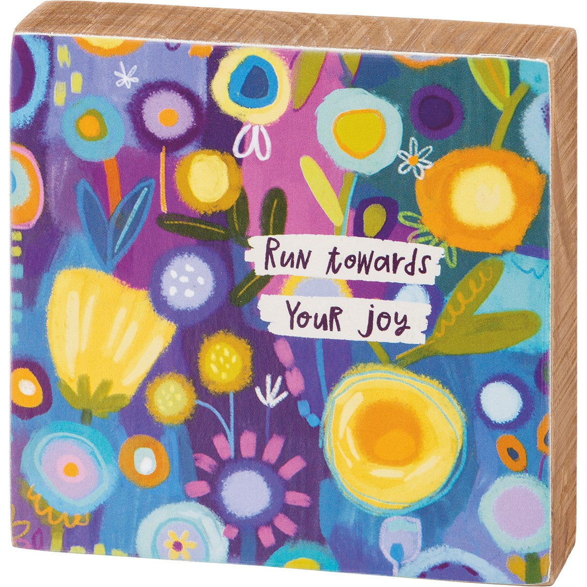 Run Towards Your Joy Inspo Block Sign featuring watercolor floral designs and 'Be Grateful' sentiment, perfect for wall decor.