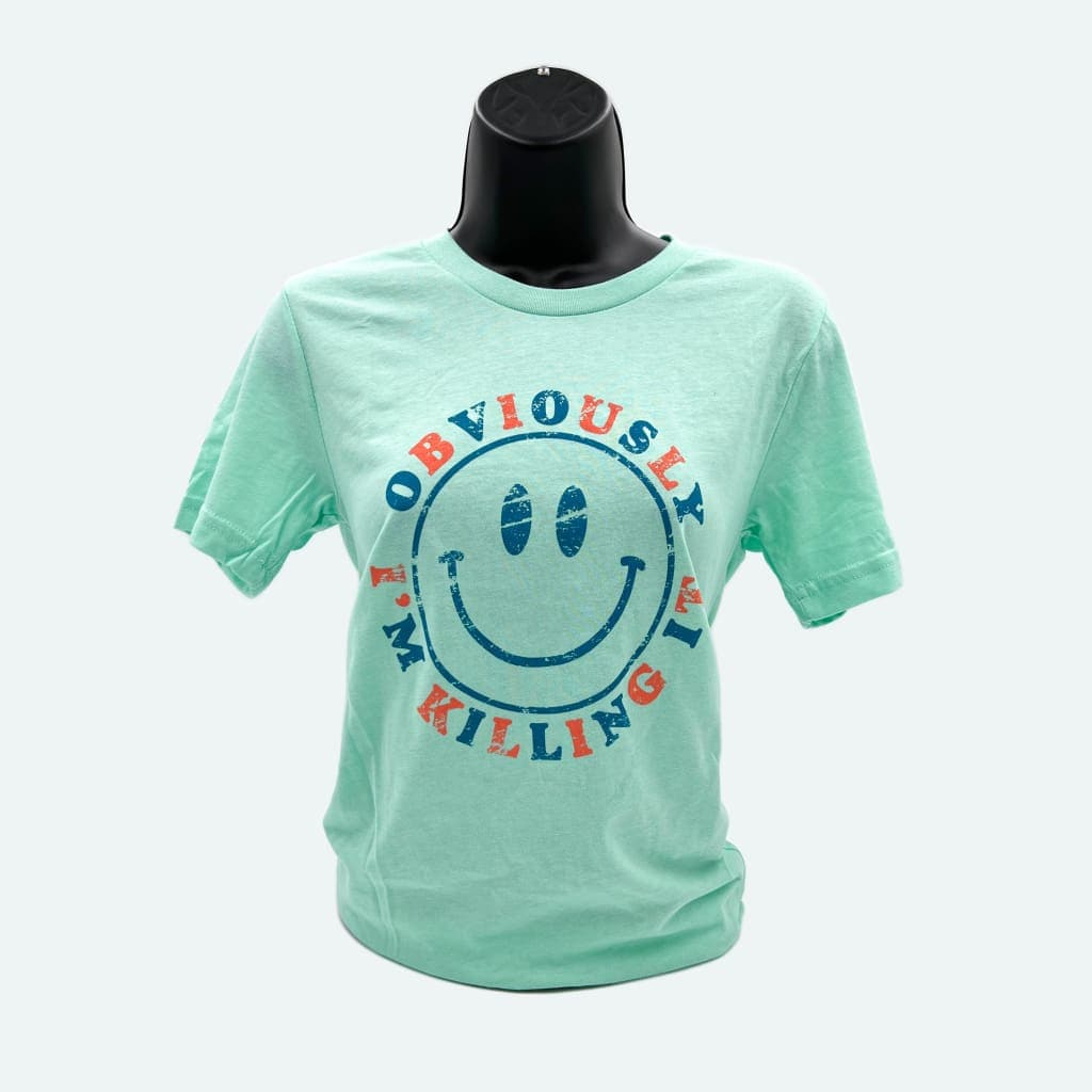 Heather mint unisex t-shirt with 'Obviously I'm Killing It' graphic and emoji face design.