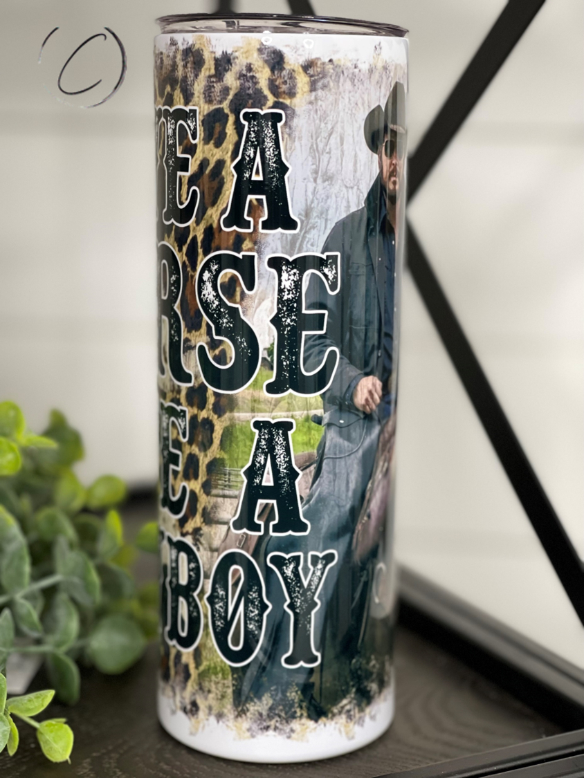 Save A Horse Rip Wheeler 20oz Skinny Tumbler with integrated design and reusable straw.