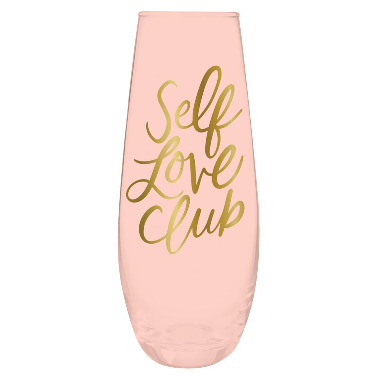 A stylish stemless champagne flute in tinted pink with gold lettering that reads 'Self Love Club', perfect for cocktails.
