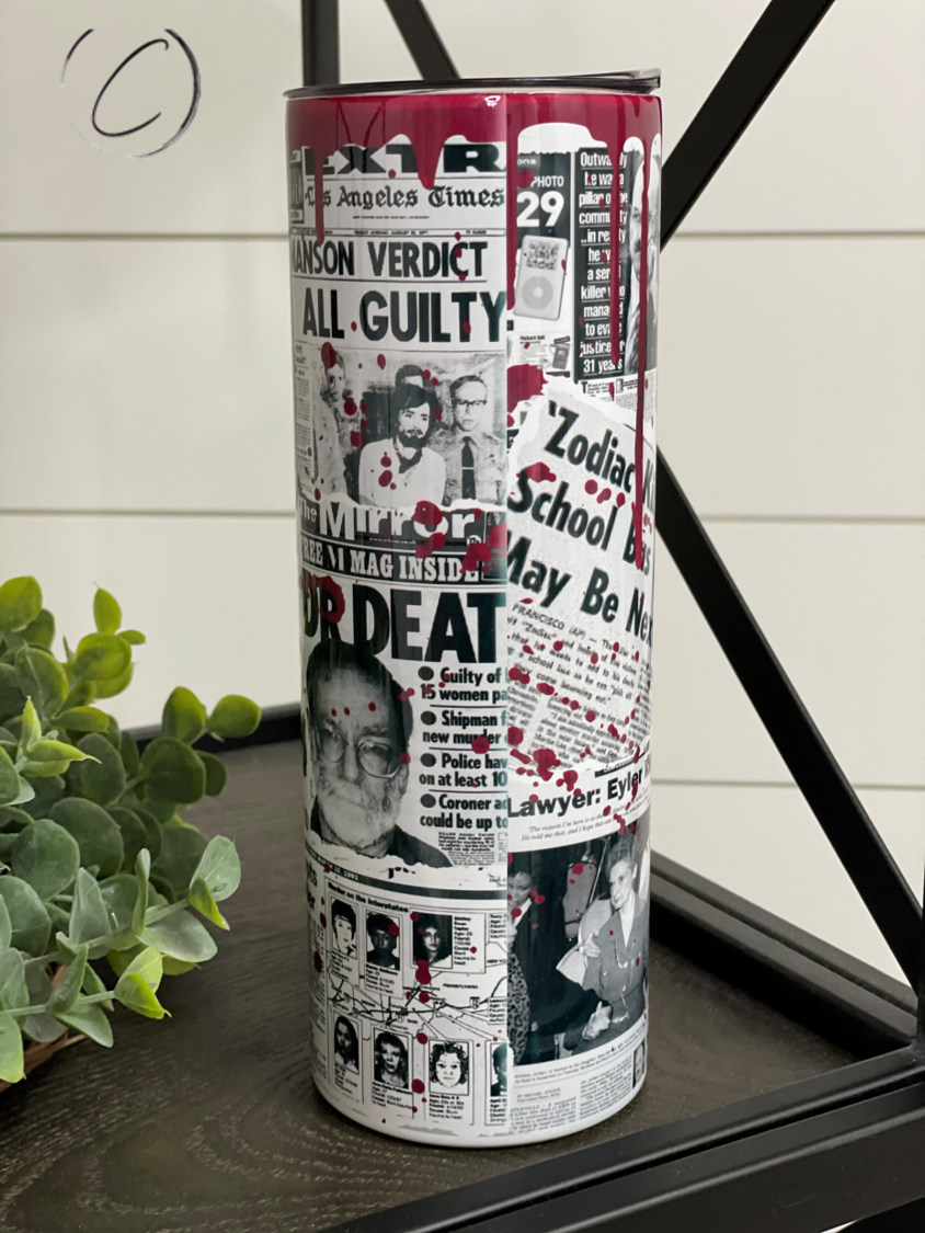 A stylish 20oz skinny tumbler featuring a newspaper print design related to serial killers, complete with a reusable straw.
