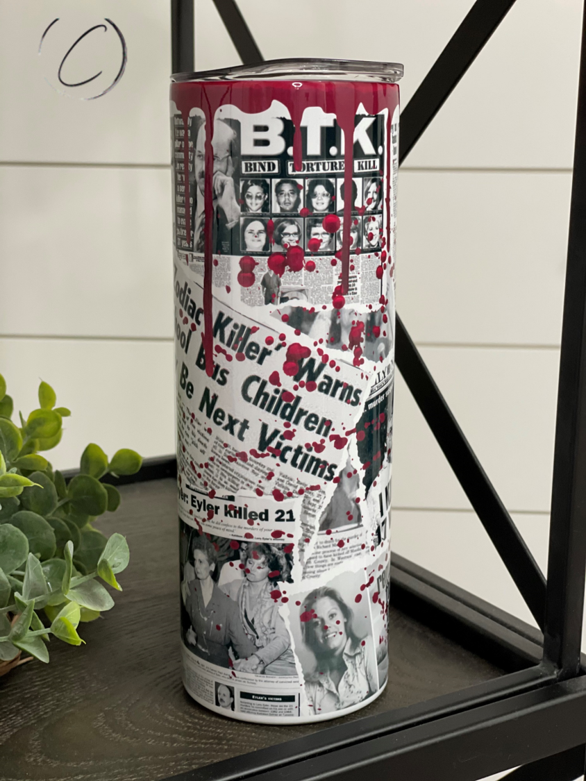 A stylish 20oz skinny tumbler featuring a newspaper print design related to serial killers, complete with a reusable straw.