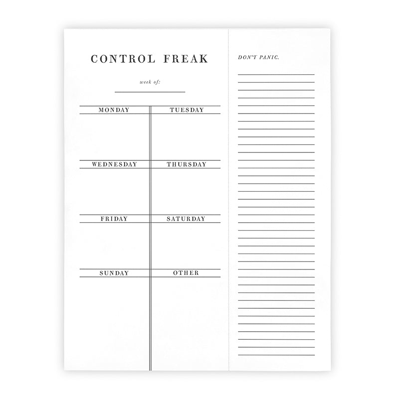 Set of 2 Control Freak Weekly List Notepads, 8.5" x 11", featuring sections for daily planning and notes.