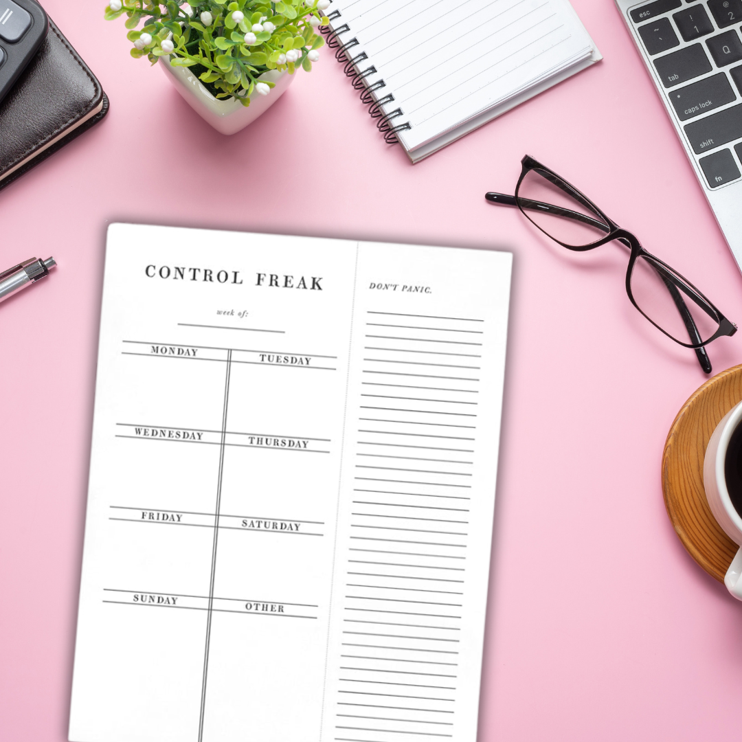 Set of 2 Control Freak Weekly List Notepads, 8.5" x 11", featuring sections for daily planning and notes.